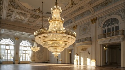 Fototapeta premium Exquisite Crystal Chandelier in Elegant Ballroom Interior Design