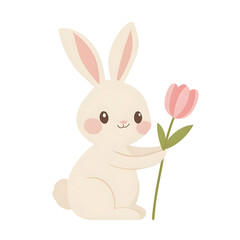 Fototapeta premium Adorable watercolor bunny illustration featuring a cute rabbit in a pastel dress, holding a tulip, perfect for Easter, nursery decor, greeting cards, kids' projects, invitations, spring-themed