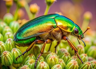 Naklejka premium Rose Chafer Beetle Close-up, Green Rose Chafer Side Profile, Cetonia Aurata Insect Macro Photography, Detailed Jewel-toned Wings, Nature Photography