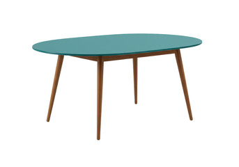 A modern teal-colored oval table with tapered wooden legs, isolated on white background