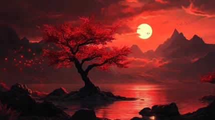 Keuken achterwand Bordeaux A mesmerizing red landscape with a tree against a moonlit sky and mountains  © Alfan Mask