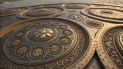 Ornate Circular Metal Plates with Intricate Designs on Ground Surface