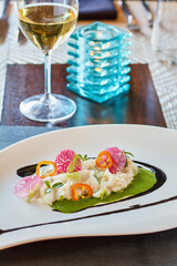 seafood salad with a pea puree