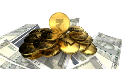 Golden Indian rupee sign and Indian currency coin isolated on 3d render. bearish and bullish golden arrow stock market background.	