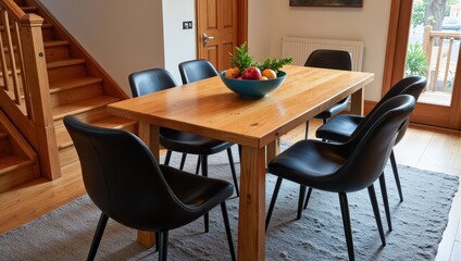 A cozy setting features a wooden square table adorned with a vibrant blue bowl of fruit topped by fresh green leaves, surrounded by elegant black leather chairs and resting on a subtle gray rug