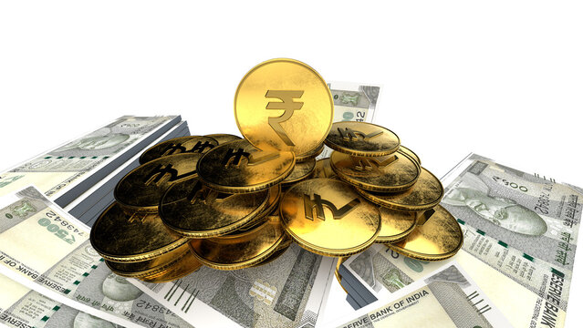 Golden Indian rupee sign and Indian currency coin isolated on 3d render. bearish and bullish golden arrow stock market background.	