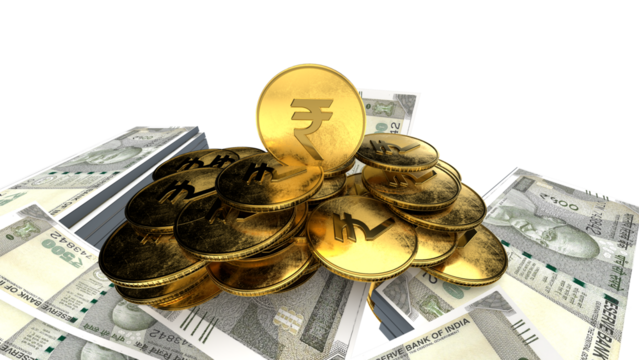 Golden Indian rupee sign and Indian currency coin isolated on 3d render. bearish and bullish golden arrow stock market background.	