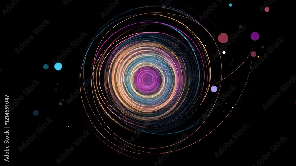 Aufkleber abstract circular colorful lines pattern on black background with spheres and dots