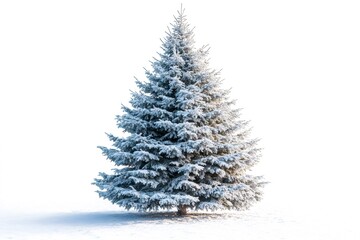 Fototapeta premium Majestic snow-covered pine tree against a bright white background