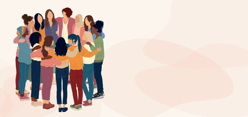 Group of multicultural women embracing in a circle. Diversity - inclusion - equality - girl power or empowerment concept.  International women s day