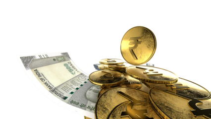 Golden Indian rupee sign and Indian currency coin isolated on 3d render. bearish and bullish golden arrow stock market background.	