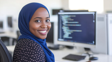 African business woman in blue hijab work at office with computers in desk