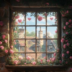 A romantic window decorated with pink roses and heart ornaments, symbolizing love and affection. Ideal for Valentine's Day, weddings, and romantic designs.