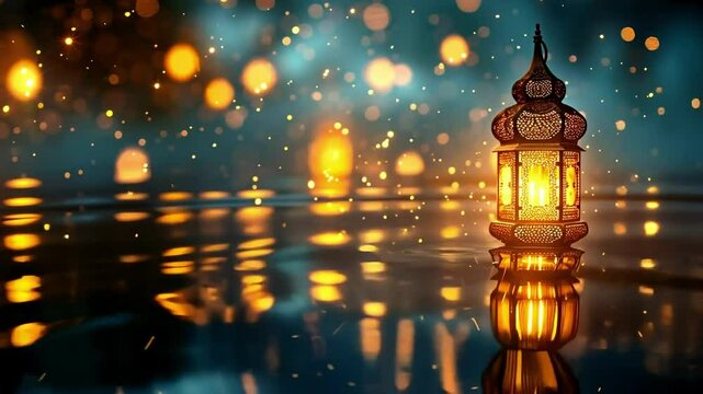 Calm surface of water under night sky. Golden and silver lights of lanterns and stars. Ramadan or Eid al-Fitr settings