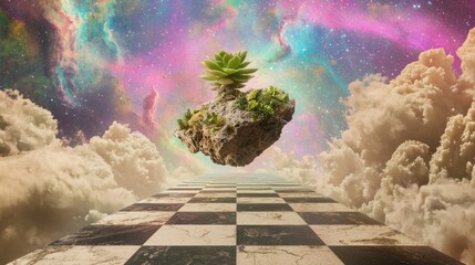 Mystical Chessboard Path Leading to Floating Succulent and Cosmic Background