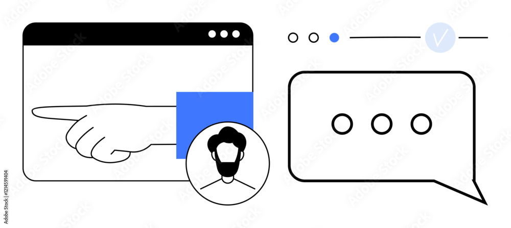 Aufkleber hand pointing from a webpage window, a user avatar, and a chat bubble with ellipsis. ideal for digit