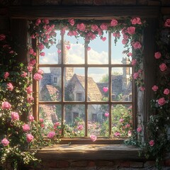 A romantic window decorated with pink roses and heart ornaments, symbolizing love and affection. Ideal for Valentine's Day, weddings, and romantic designs.