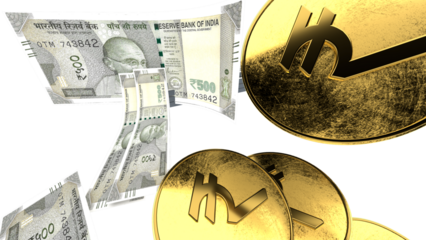 Golden Indian rupee sign and Indian currency coin isolated on 3d render. bearish and bullish golden arrow stock market background.	