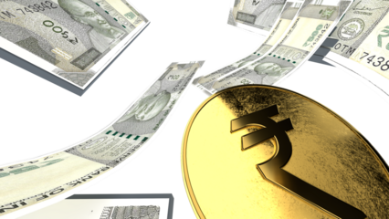 Golden Indian rupee sign and Indian currency coin isolated on 3d render. bearish and bullish golden arrow stock market background.	
