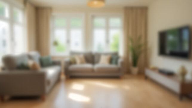 Blurred background of cozy living room with modern furniture, soft lighting, comfortable sofa, stylish decor, wooden floor, home interior, contemporary design, residential space, warm tones