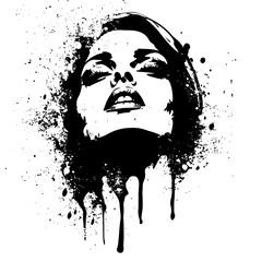 Abstract Woman Portrait, Ink Splash Background, Decorative Art