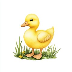 Cute Yellow Duckling Standing in Grass with Flowers and Soft Light
