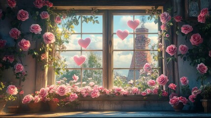 A romantic window decorated with pink roses and heart ornaments, symbolizing love and affection. Ideal for Valentine's Day, weddings, and romantic designs.