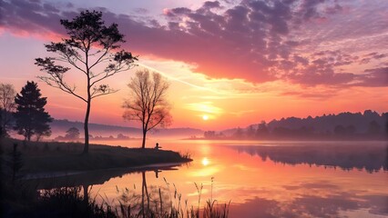 Obraz premium Serene Sunrise Over Tranquil Lake with Silhouetted Trees