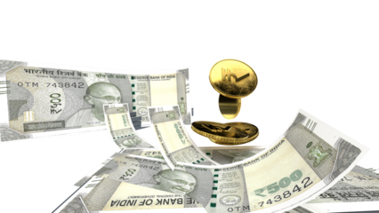 Golden Indian rupee sign and Indian currency coin isolated on 3d render. bearish and bullish golden arrow stock market background.	