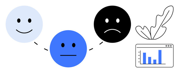 Three emoticons happy, neutral, sad linked by dotted lines, with a bar chart and foliage. Ideal for feedback analysis, user experience, sentiment tracking, mood changes, data insights emotional