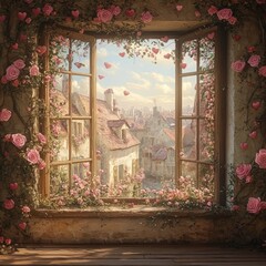 A romantic window decorated with pink roses and heart ornaments, symbolizing love and affection. Ideal for Valentine's Day, weddings, and romantic designs.