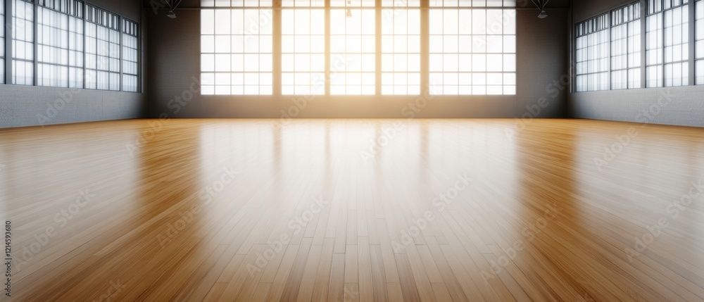 Poster bright and spacious interior with large windows and shine wooden floor for modern design and archite