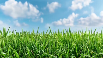 Obraz premium Close-up view of green grass blades covered with water droplets in natural outdoor setting
