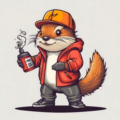 Cartoon chipmunk wearing a stylish outfit, holding a drink, in a graphic design style