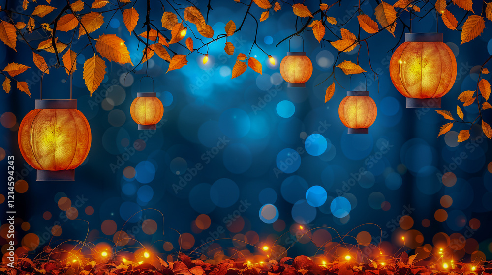 Poster glowing lanterns amid autumn leaves with a bokeh background..