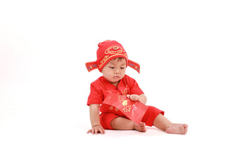 Happy Chinese New Year. Children in red clothes with envelopes on white background.