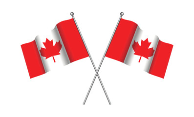 National flag of Canada crossed in the original size and proportion on the sticks isolated. Waving flag of canada flagpole.