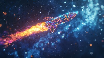 Rocket launch, digital art, space, nebula, fiery trail, startup concept