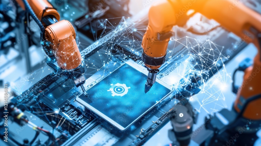 Poster robotic arm performing precision manufacturing tasks in a futuristic digital factory setting