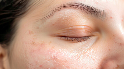 Obraz premium Natural Face Texture Close-up: Flawed Beauty in Soft Light with Blurred Backdrop, Embracing Authentic Skin Health