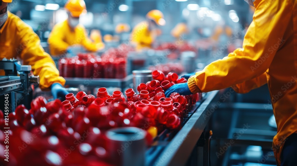 Poster efficient tomato processing in factory with safety geared workers