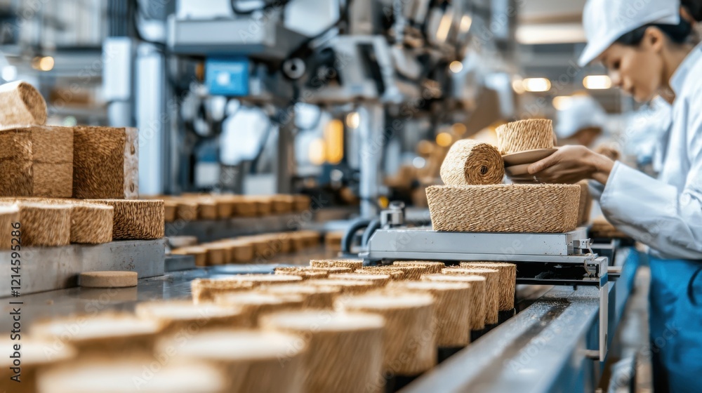 Poster workers operating machinery and processing wood in a modern carpentry workshop factory