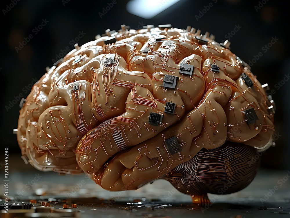 Poster stunning 3d render of a human brain intricately integrated with circuit boards and microchips. illus