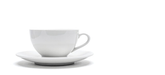 Obraz premium Elegant white ceramic cup on matching saucer isolated on white background. beverage drink concepts, tea time