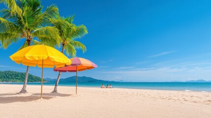 Fototapeta premium Beach scene featuring a palm tree and a colorful beach umbrella on sandy shore under bright blue sky