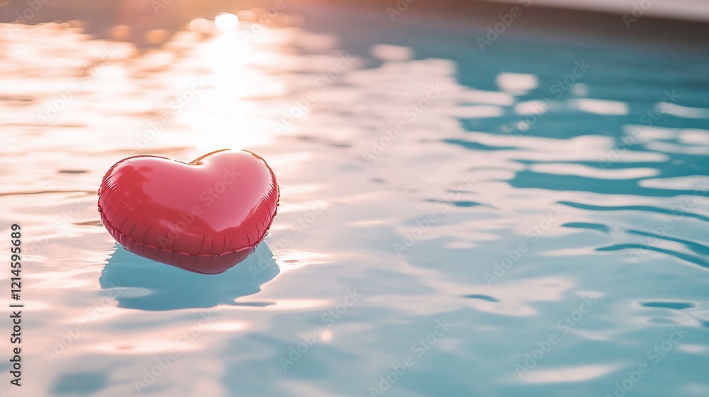 Poster a red heart-shaped float in a pool with a sparkling sunset reflecting in the water