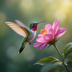 Fototapeta premium Hummingbird flying to pick up nectar from a beautiful flower. Digital artwork 