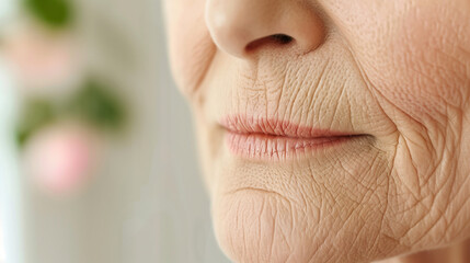 Obraz premium Natural Face Texture Close-up: Flawed Beauty in Soft Light with Blurred Backdrop, Embracing Authentic Skin Health