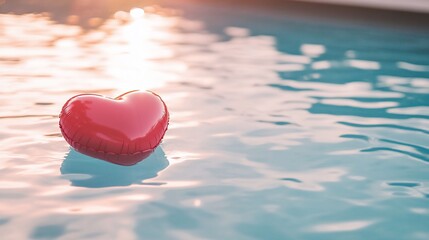 A red heart-shaped float in a pool with a sparkling sunset reflecting in the water