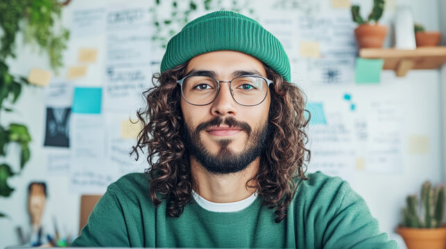 Creative portrait of a young man with curly hair indoor workspace photography